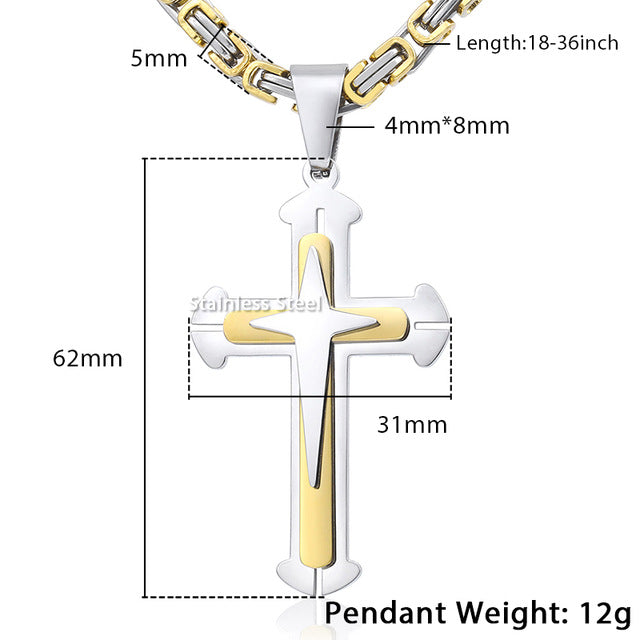 Cross Pendant Men's Necklace Stainless Steel Byzantine Chain Gold Silver Color