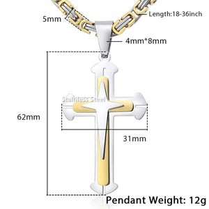Cross Pendant Men's Necklace Stainless Steel Byzantine Chain Gold Silver Color