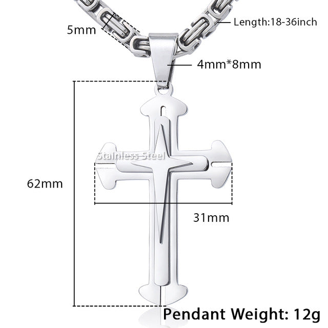 Cross Pendant Men's Necklace Stainless Steel Byzantine Chain Gold Silver Color